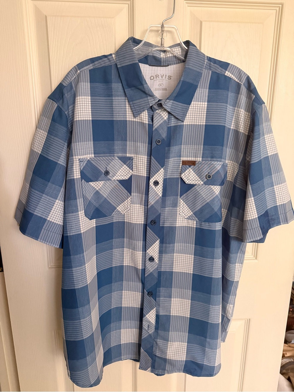 Orvis Blue and White Plaid Short-Sleeve Button-Down Shirt